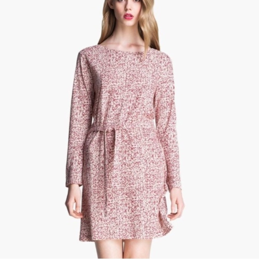 A.P.C. Sz XS Ecru, Pink & Burgundy Speckled Crew Neck Cotton/Linen Dress
